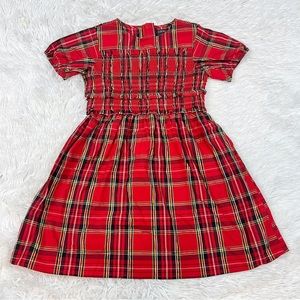 Crewcuts short sleeve tartan plaid smocked dress crew neck in holiday red